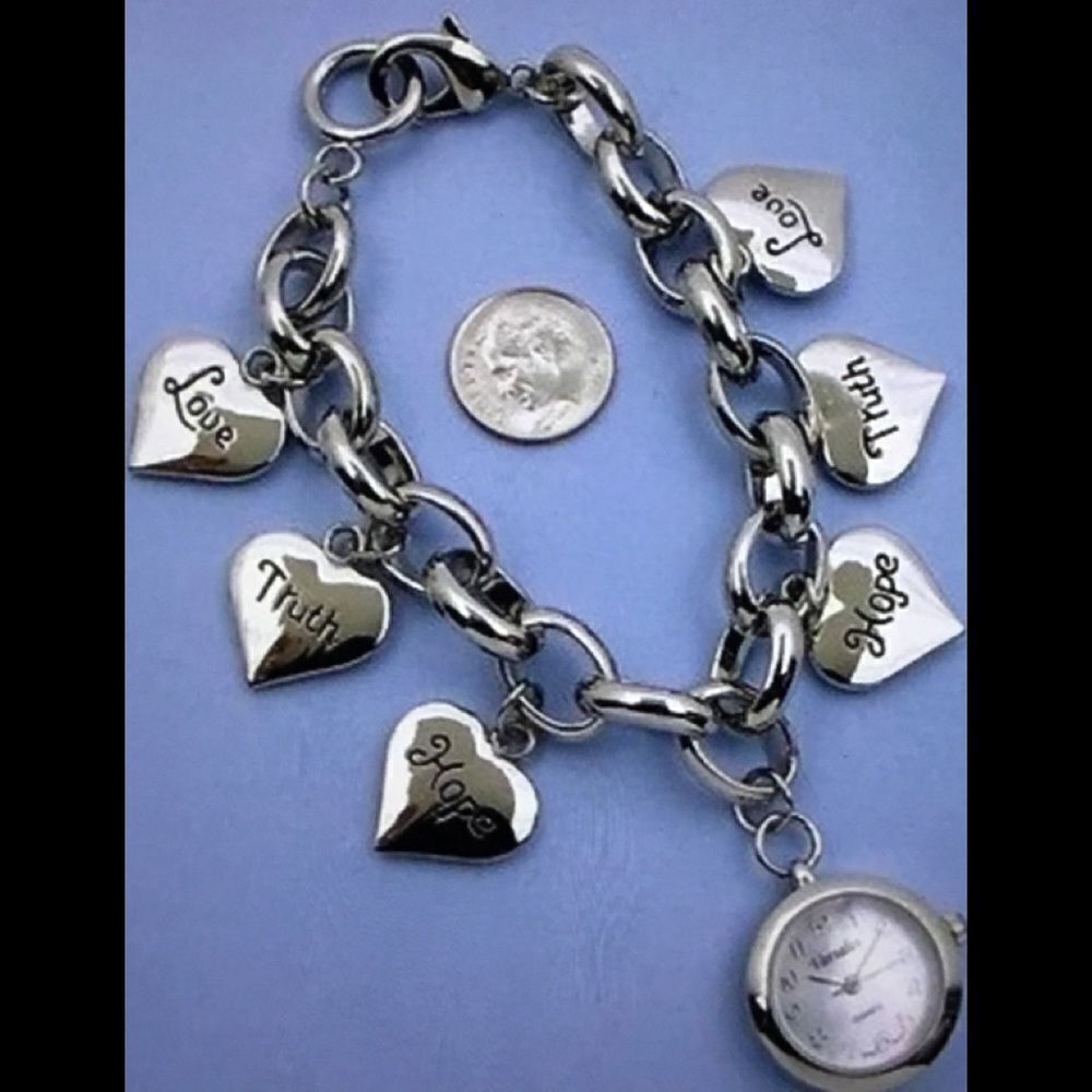 Pretty New Varsales Silver Inspirational Dangling Heart Charm BraceletWatch